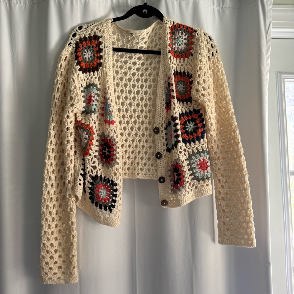 Crochet Open-Front Cardigan Sweater - Cream and Multicolor